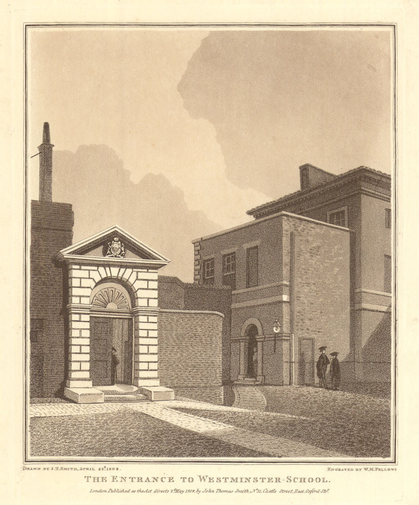 The Entrance to Westminster School. Aquatint by J.T. Smith 1808 old print